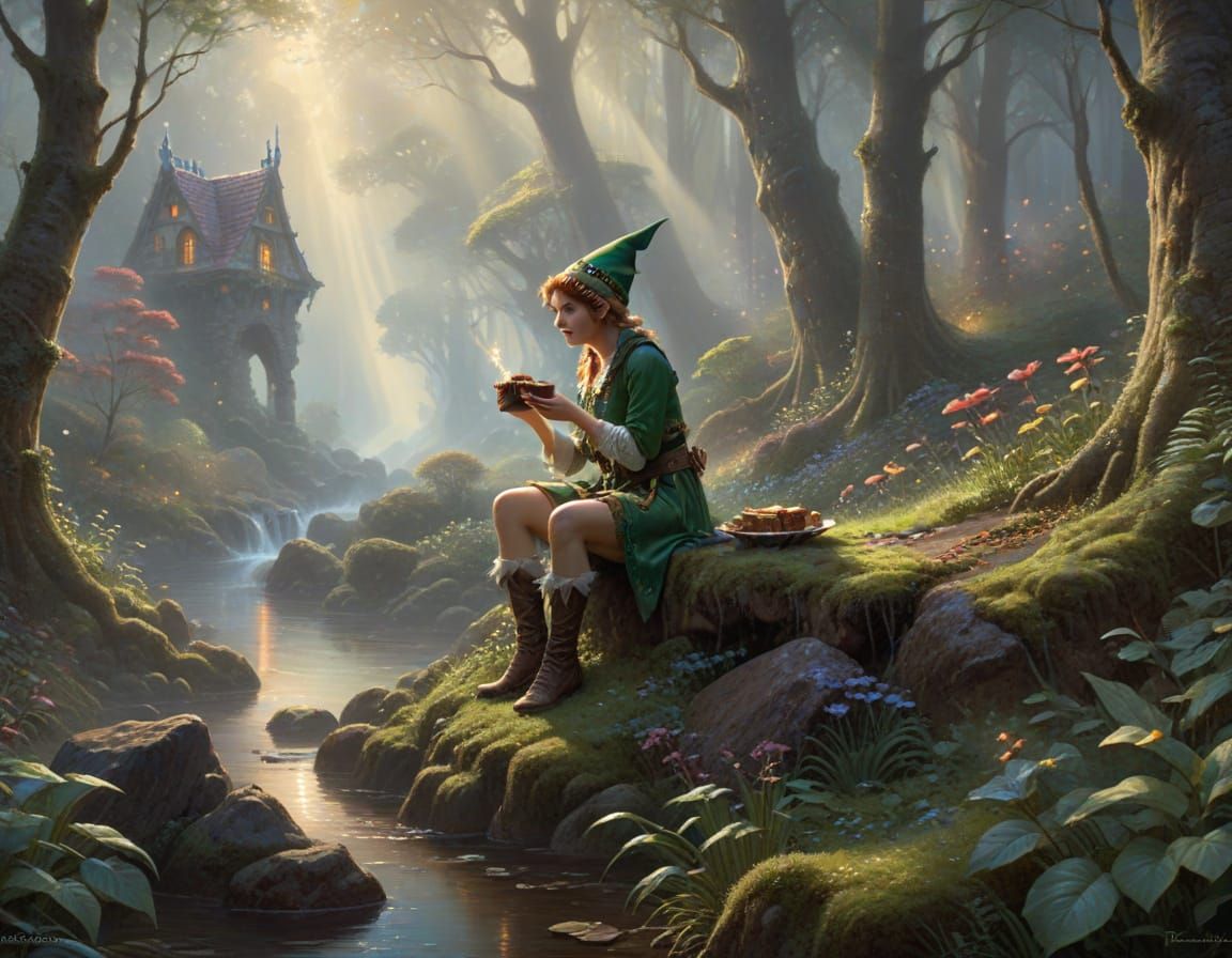 Elf Eating Brownie in Ethereal Forest Mist