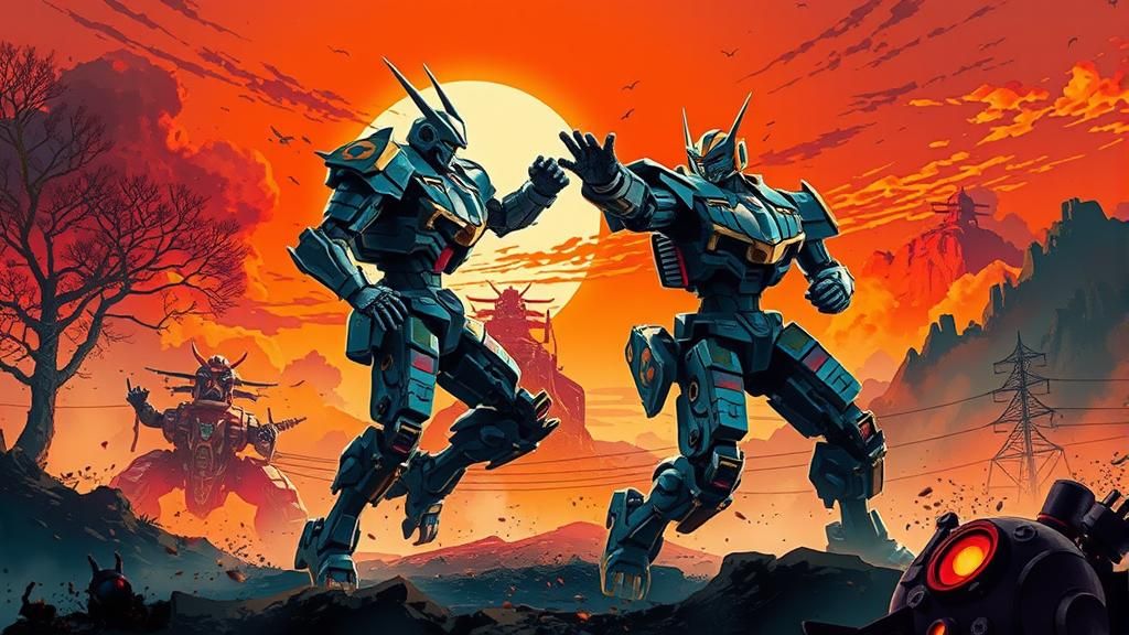 Mecha Battle at Sunset in Anime Style