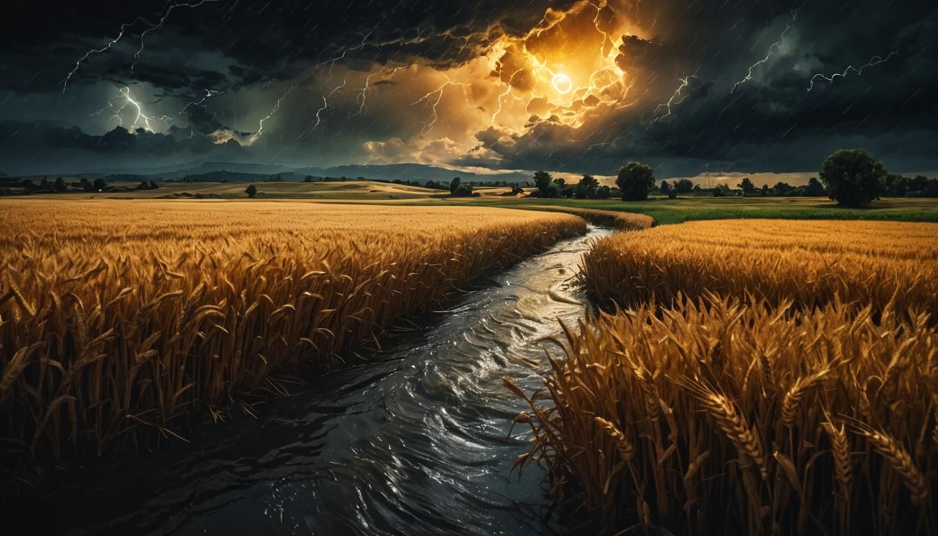 Dramatic Night Storm over River in Hyperrealistic Style