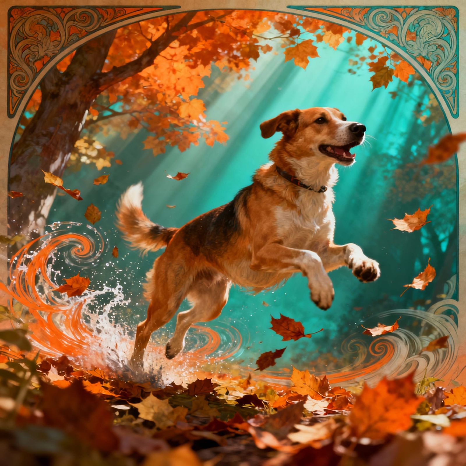Autumn Dog Playing in Swirling Leaves