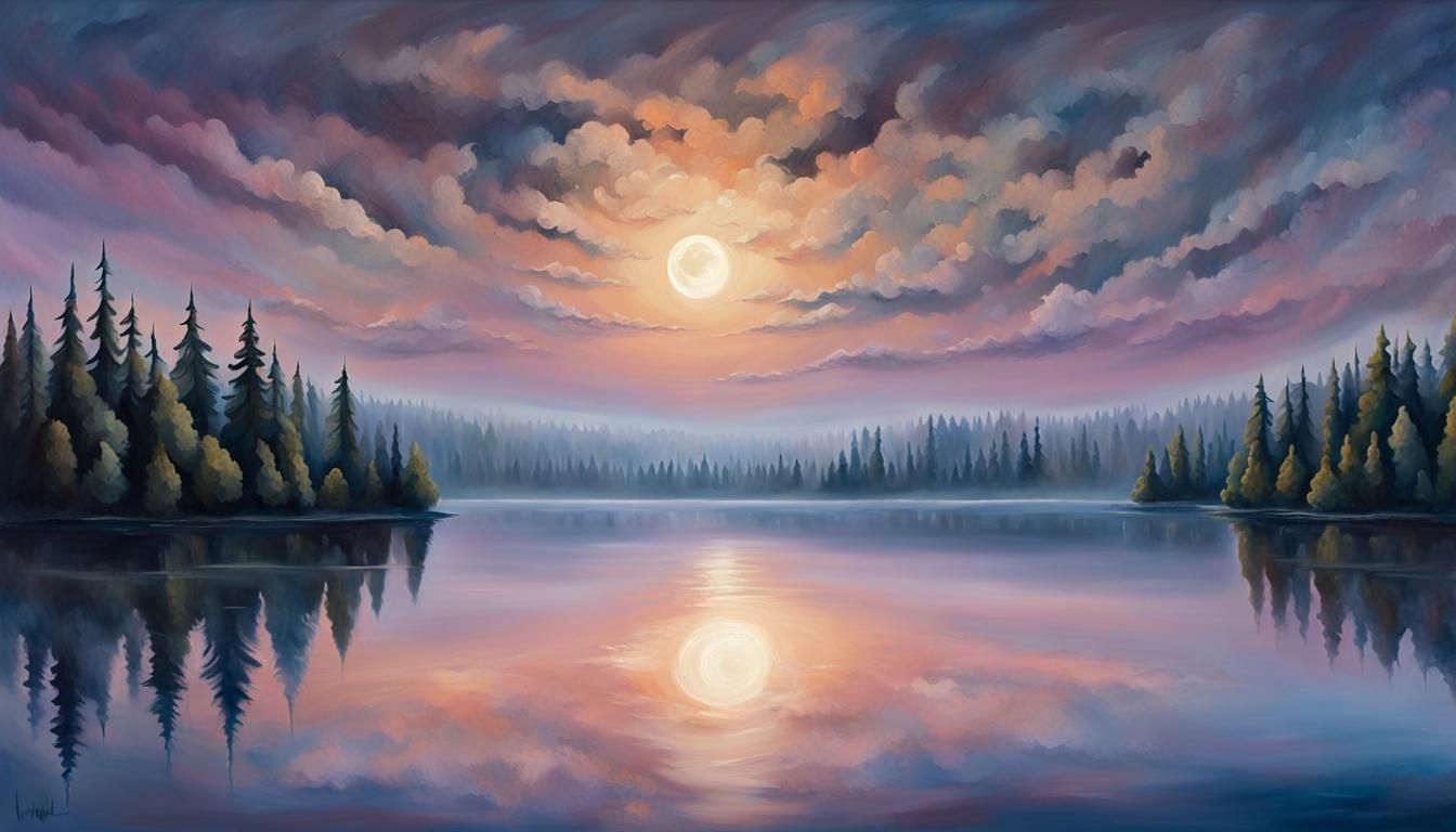 Twilight Lake and Forest: Panoramic Landscape Painting