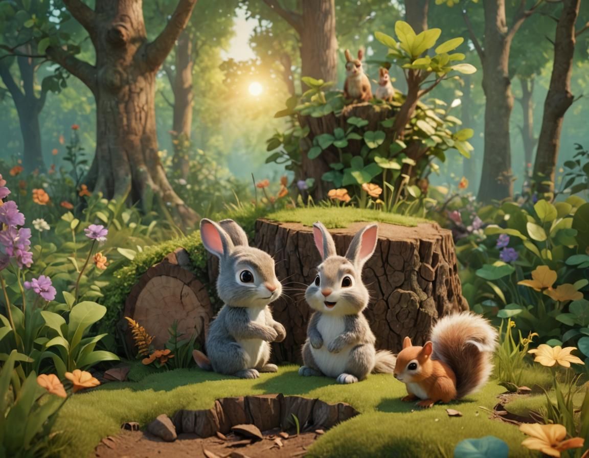 Bunny and Squirrel Friendship in Pixar-Style 3D