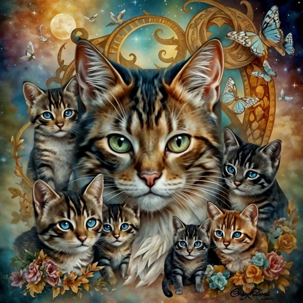 Ethereal Mother Cat and Kittens in Double Exposure Art