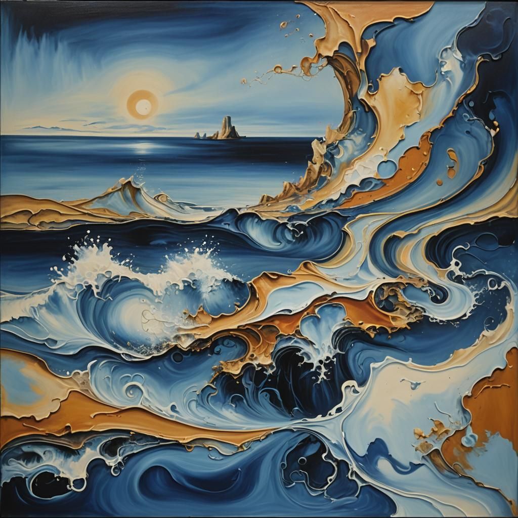 Abstract Seascape in Blues and Sienna, Surreal Oil