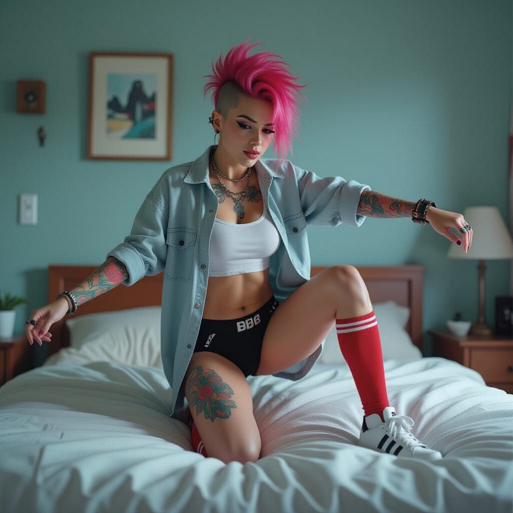 Punk Woman Jumps on Bed in Futuristic Digital Art