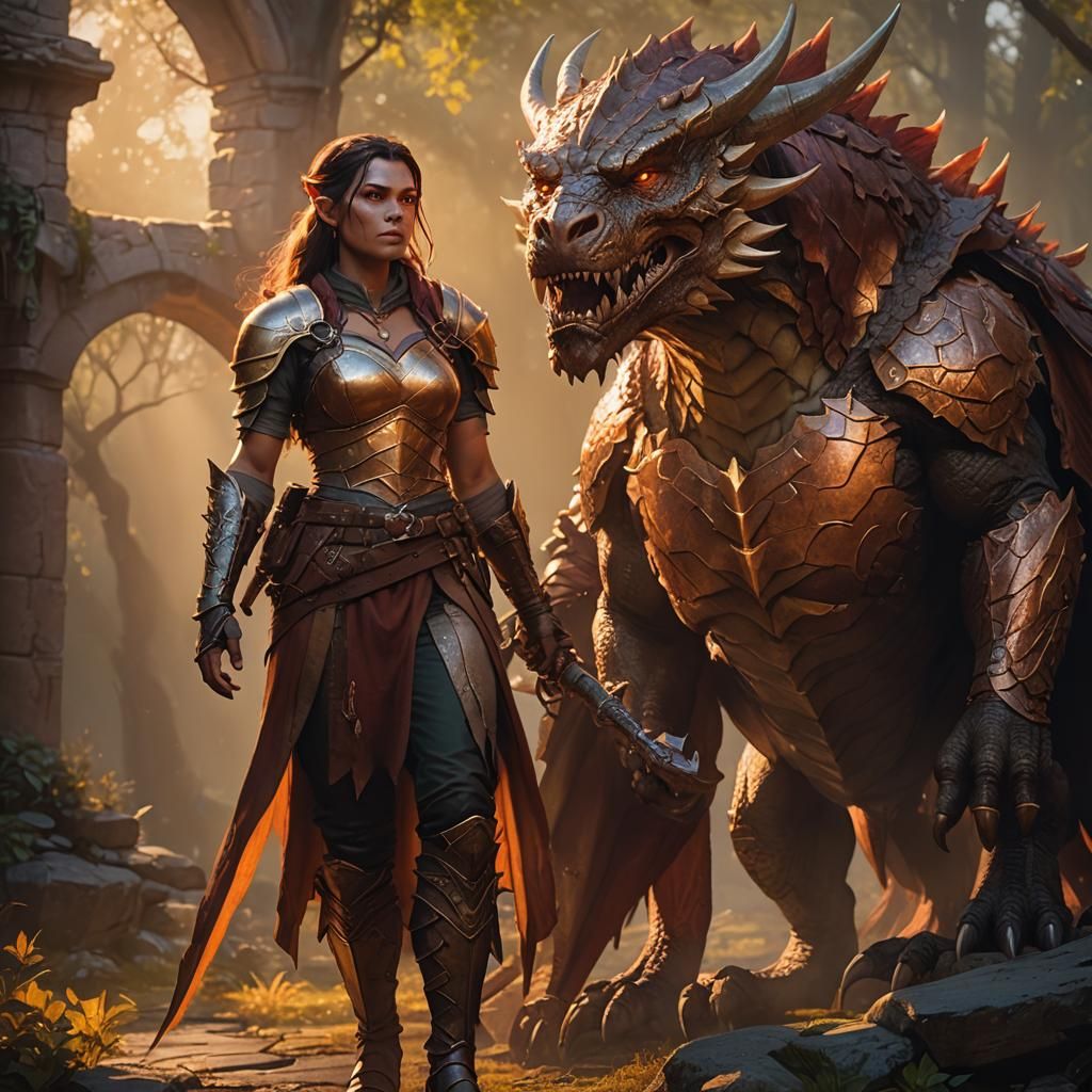 Half-Orc and Dragon Digital Art in Dreamlike Setting