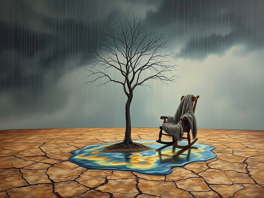 Winter Tree and Rocking Chair in Surreal Oil Painting