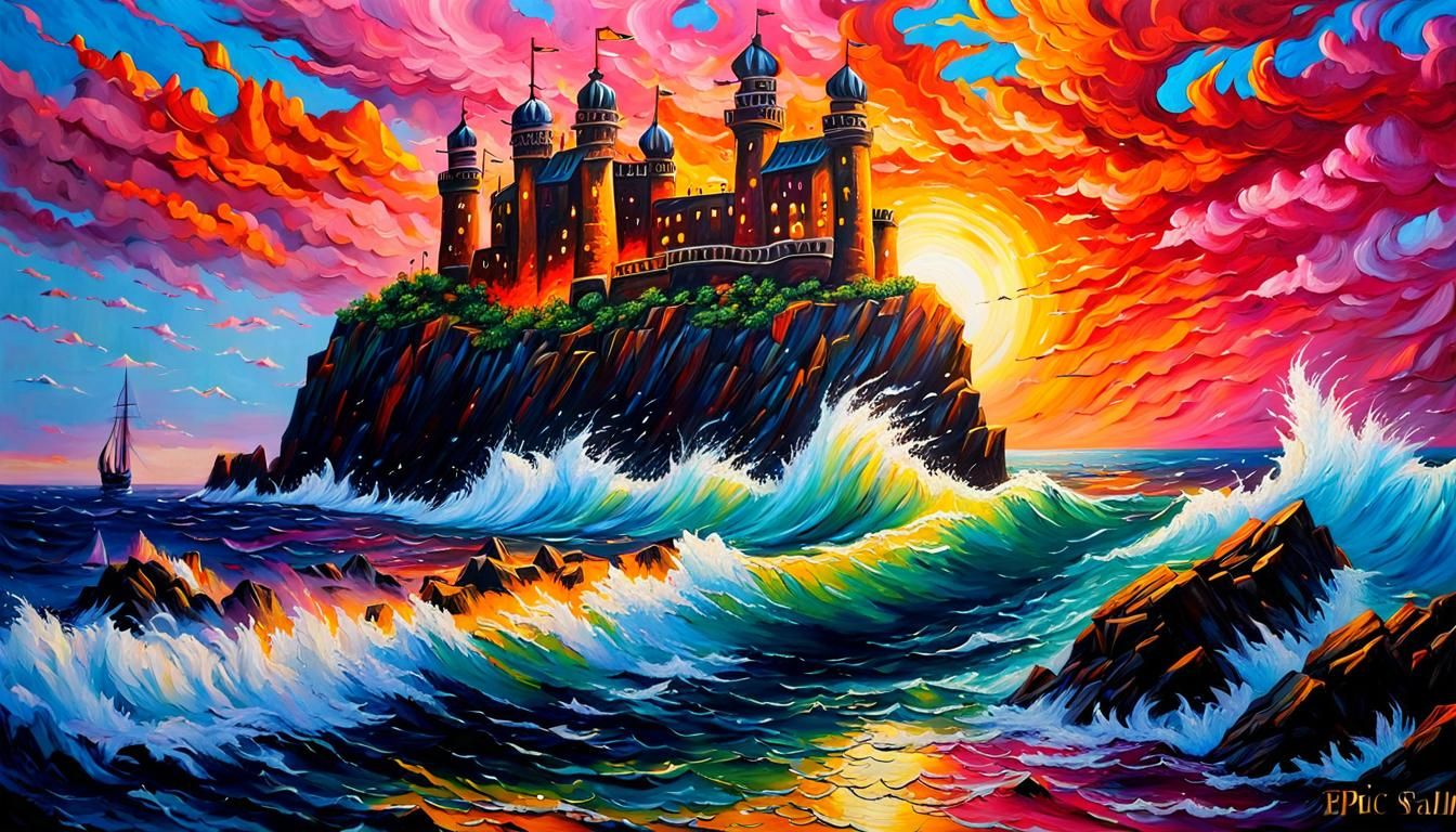 Epic Fantasy Ocean Landscape in Vibrant Impasto Style
