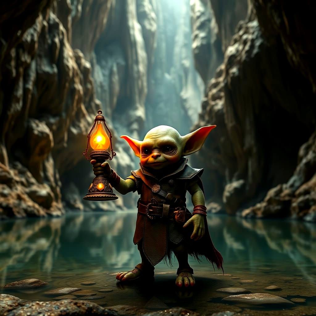 Goblin Illuminates Cavern with Ornate Lantern