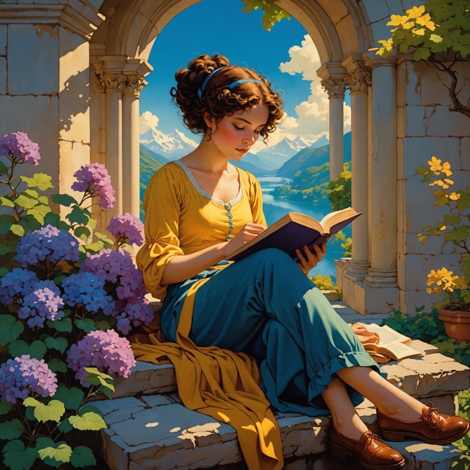 Girl Reading Book in Anime and Golden Age Style