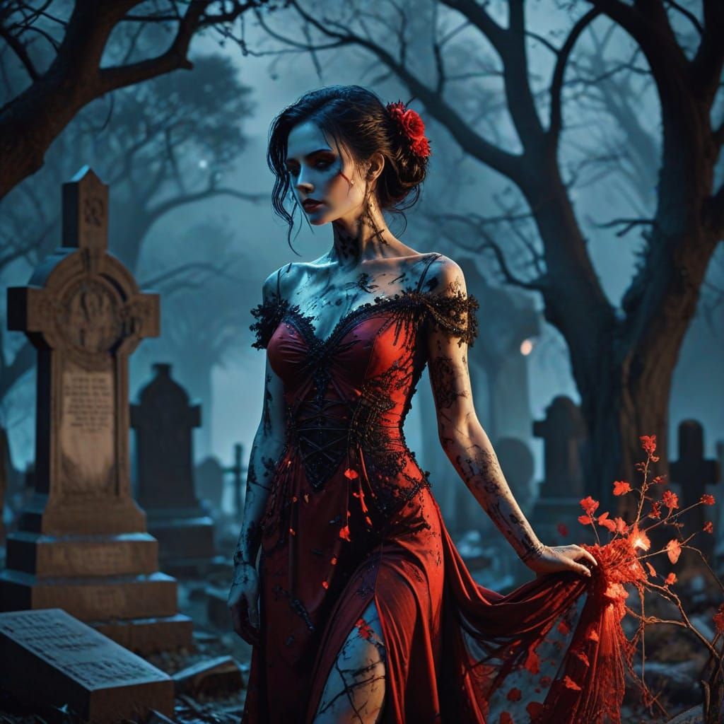 Gothic Punk Goddess in Bioluminescent Petal Dress