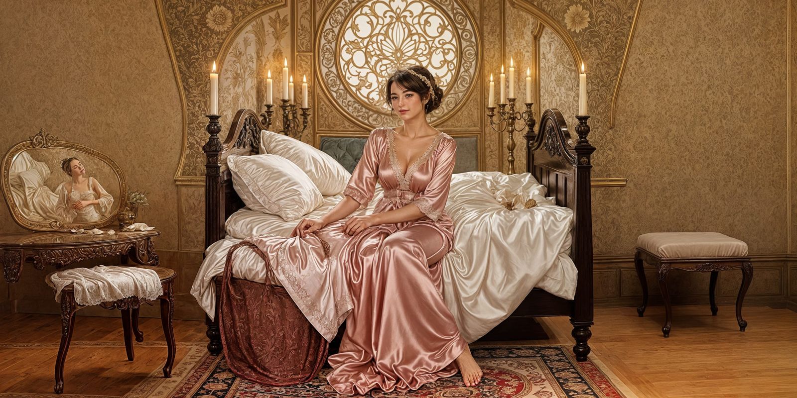 Extravagant Lady Cleaning Silk Bed in Candlelight