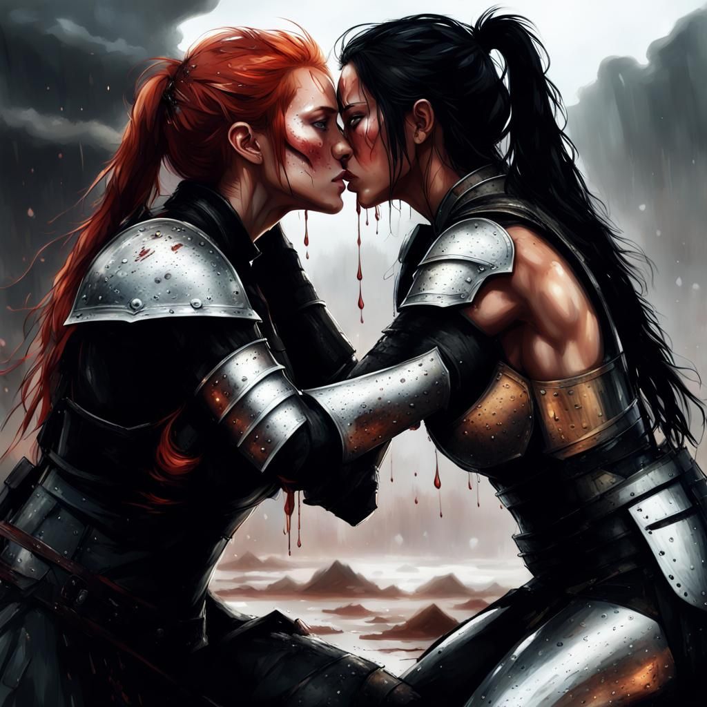 Two Female Warriors Sharing a Kiss on Battlefield
