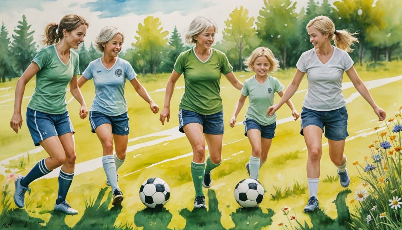 Mother-Daughter Soccer Fun in Whimsical Ink and Watercolor