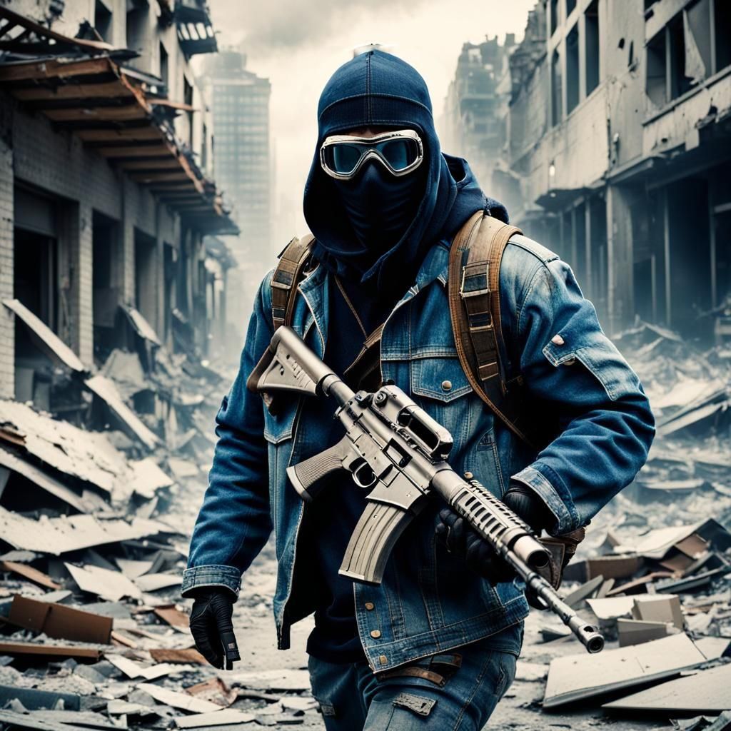 Figure in Destroyed City: Cinematic Film Still