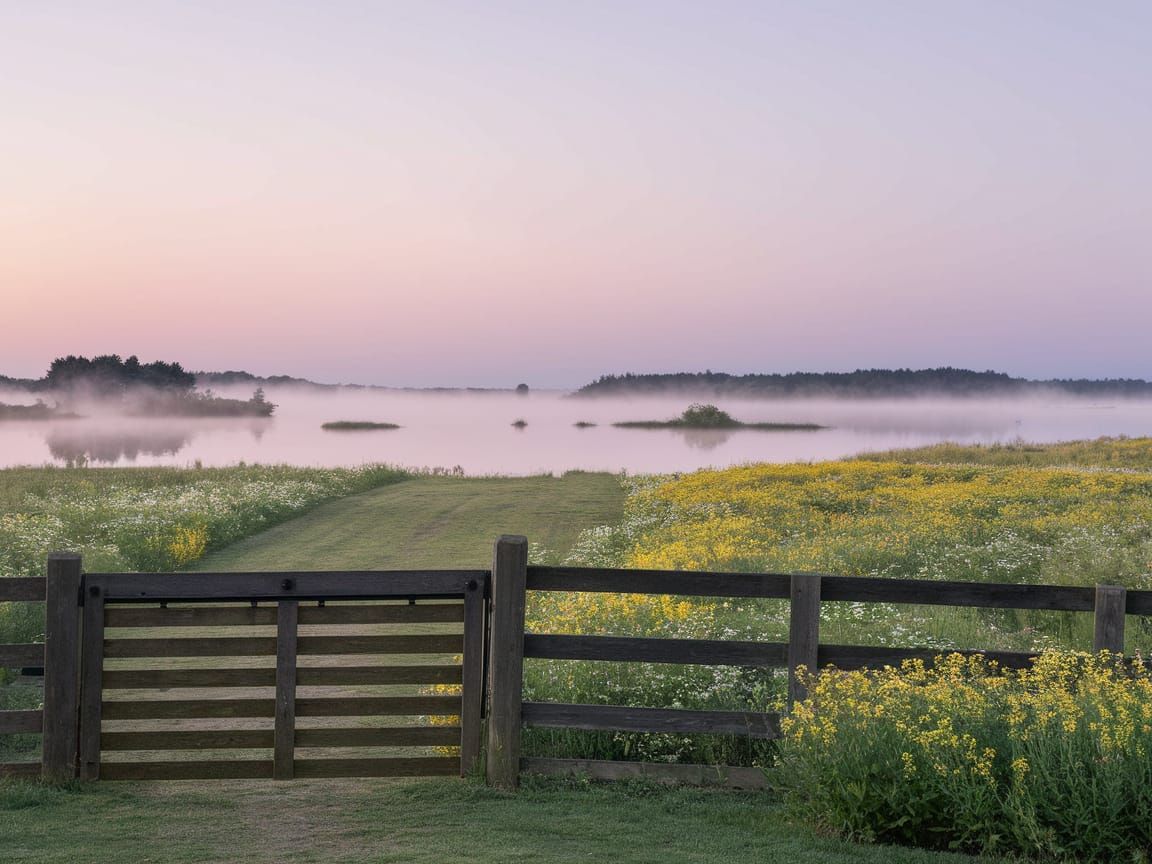 Soft Dawn Countryside Scene in Pastel Colors