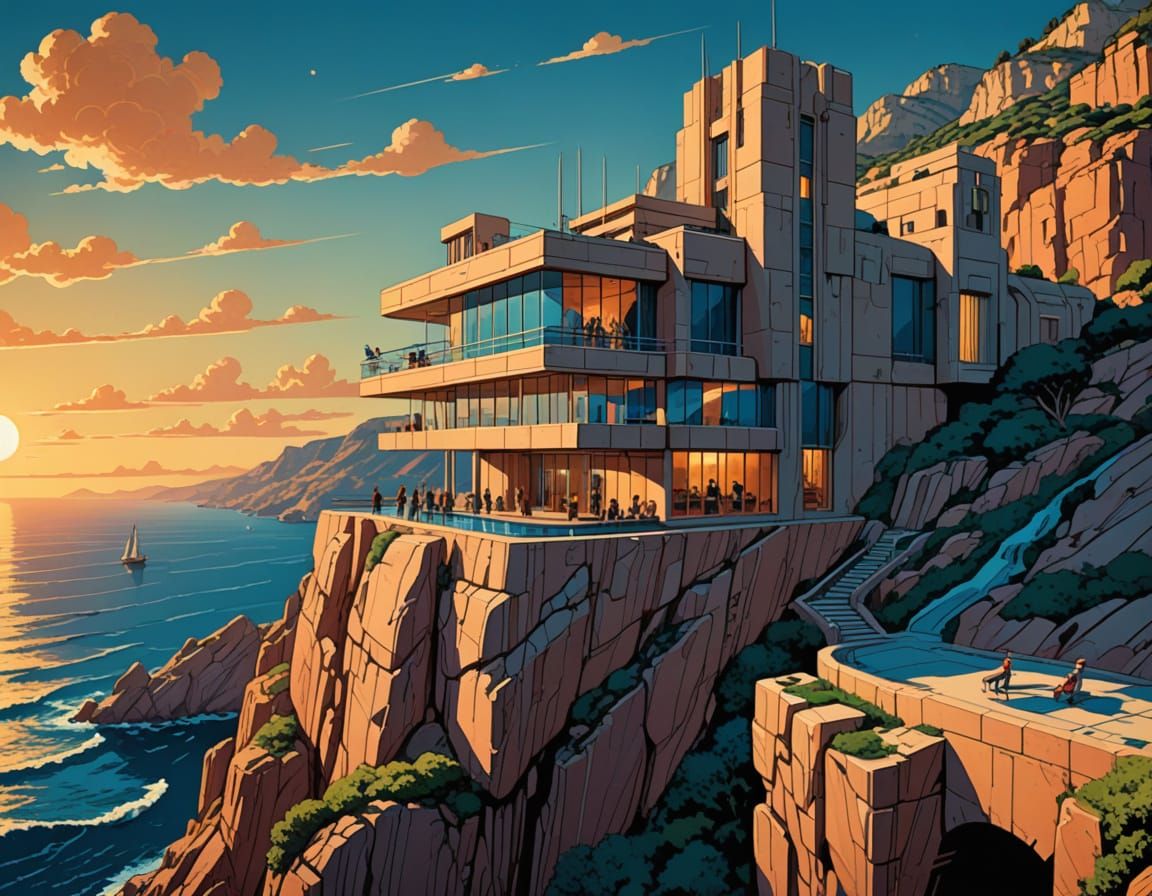 Supervillain Lair Concept Art in Mediterranean Sunset