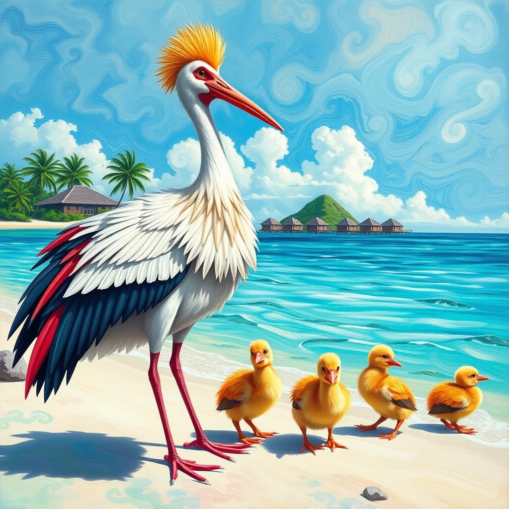 Stork Family on Tropical Island, Gouache Illustration