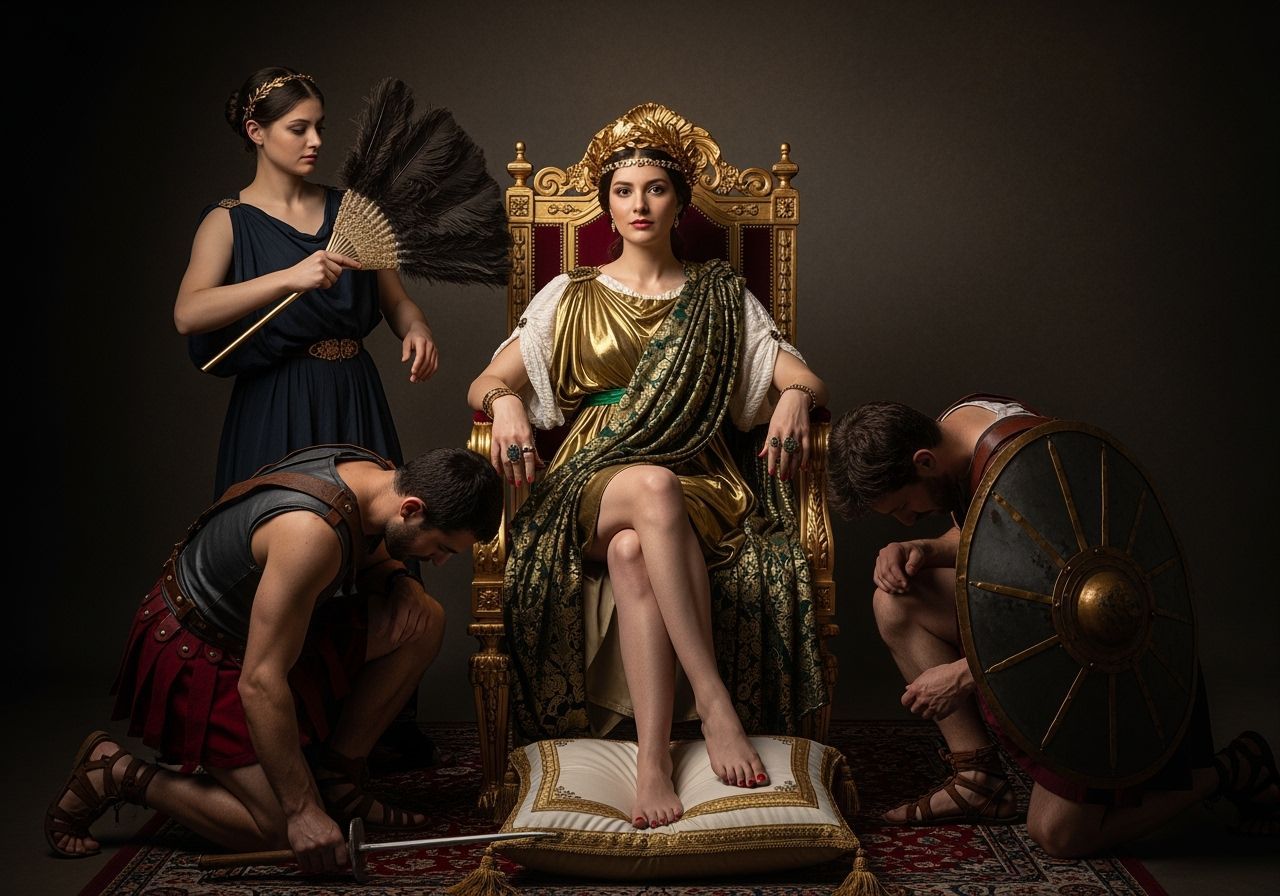 Regal Roman Empress on Gold Throne in Baroque Style