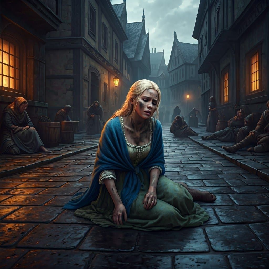 Exhausted Woman Collapses on Medieval Streets in Dark Fantas...