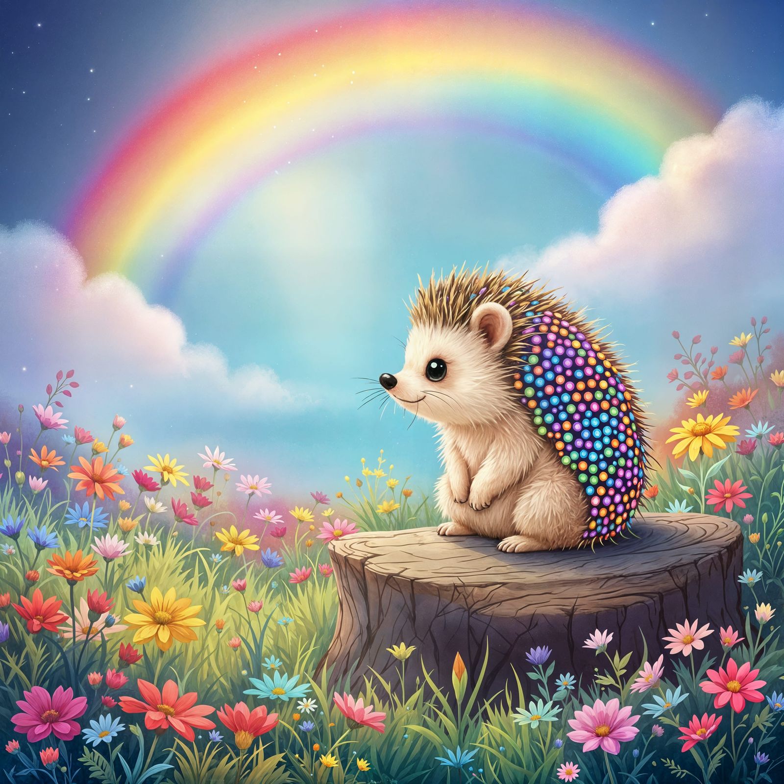 Vibrant Impressionist Hedgehog in Rainbow Sequin Coat