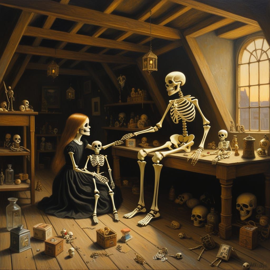 Skeleton Children Play with Vintage Dolls in Dusty Attic