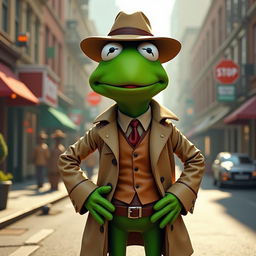 Kermit the Frog as Inspector Gadget in Cartoon Style