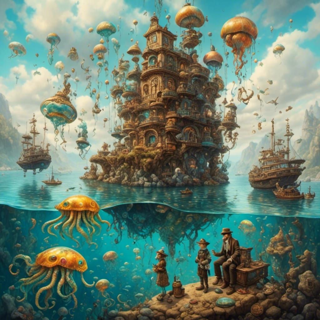Steampunk Harbor with Jellyfish and Sakura