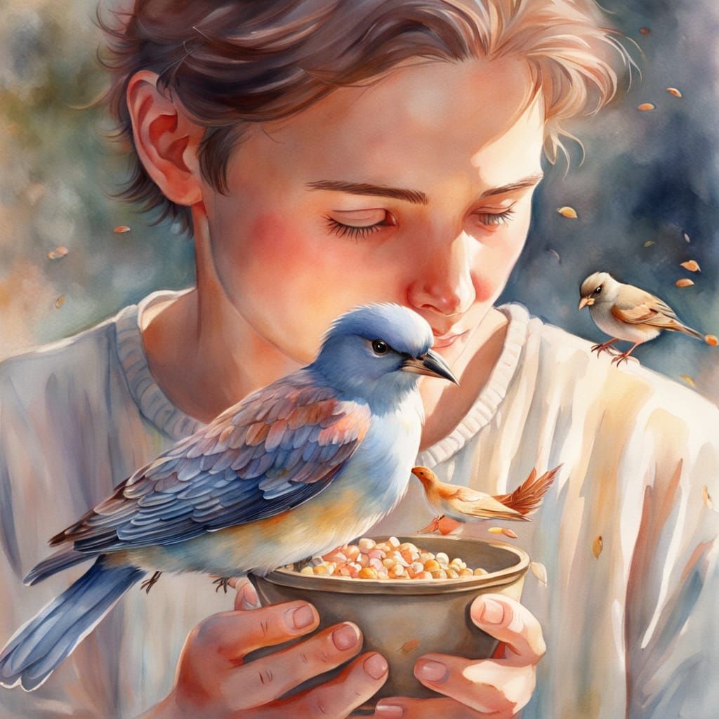 Bird Feeding From Hand in Watercolour Folk Art