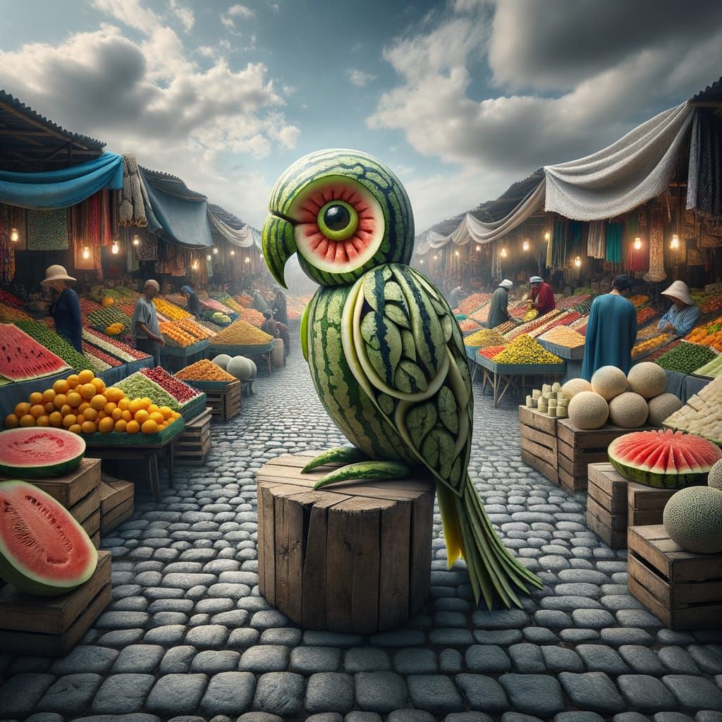 Melon Parrot Sculpture in Marketplace Scene