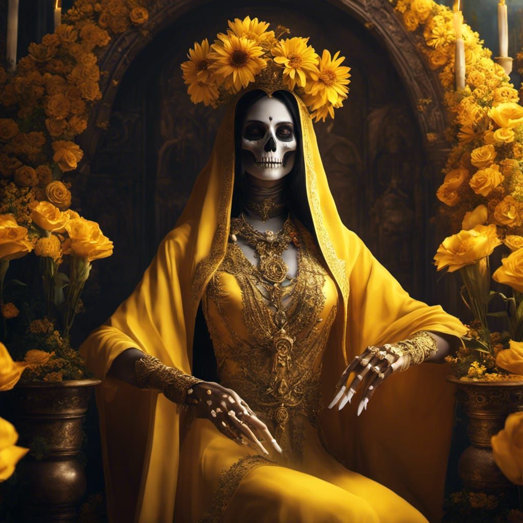 Gothic Skeleton in Golden Robe with Flowers