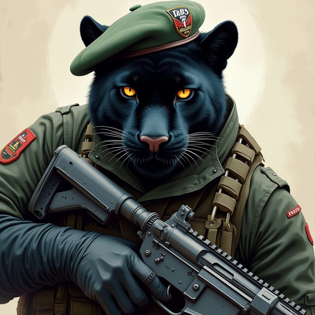 Black Panther in Military Uniform with Rifle