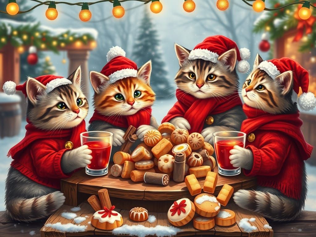 Adorable Cat Family Surrounded by Nougats in a Whimsical Win...