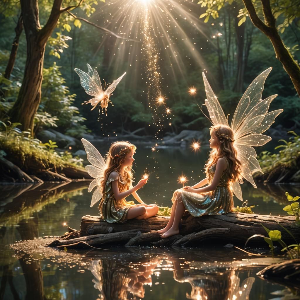 Fairies by a Lake Bathed in Sparkling Light