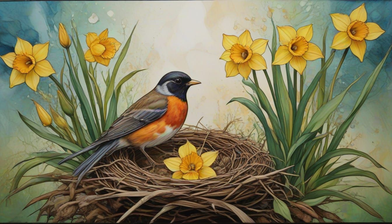 Vibrant Spring Scene in Stained Glass Style