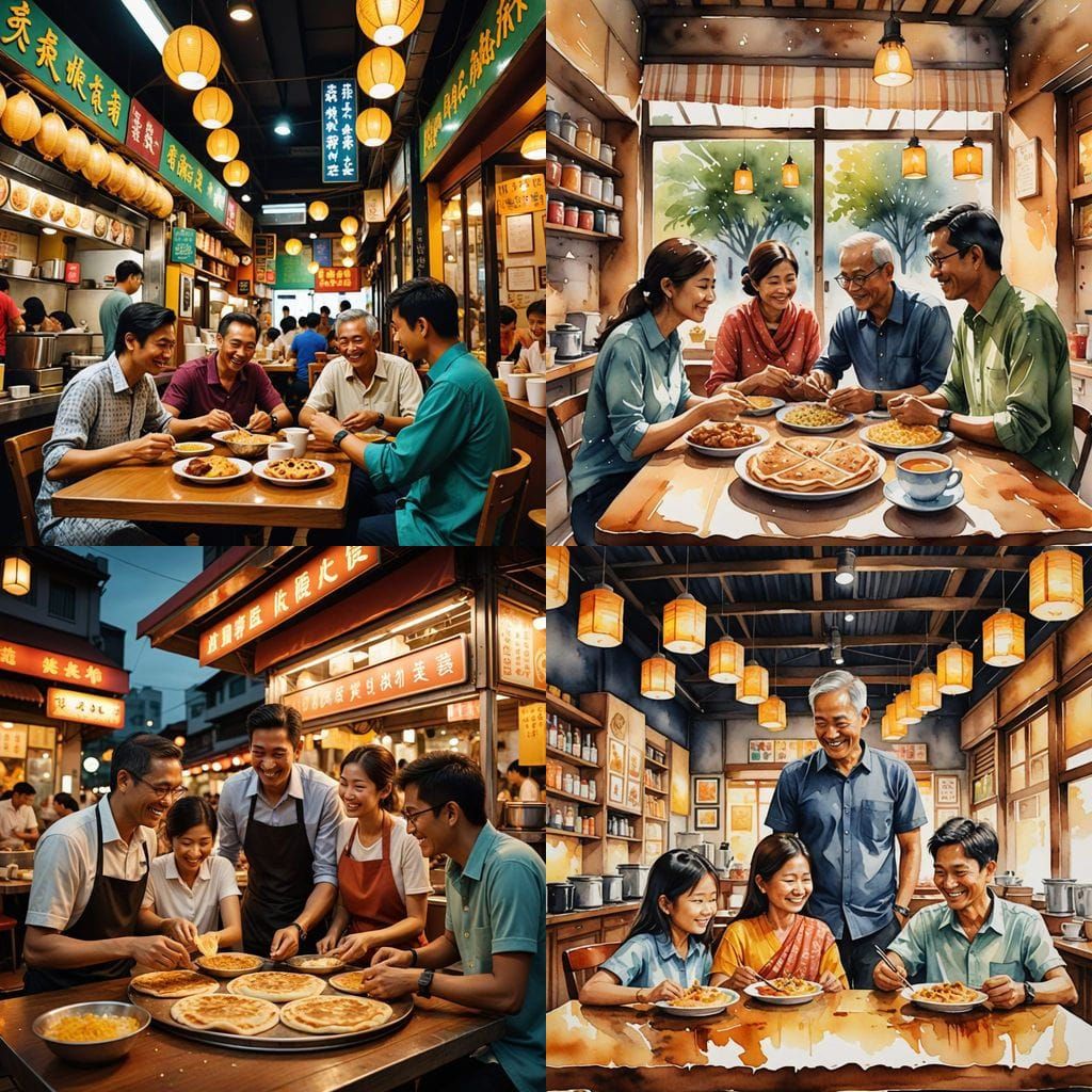 Multicultural Family Savoring Roti Prata in a Singaporean Co...