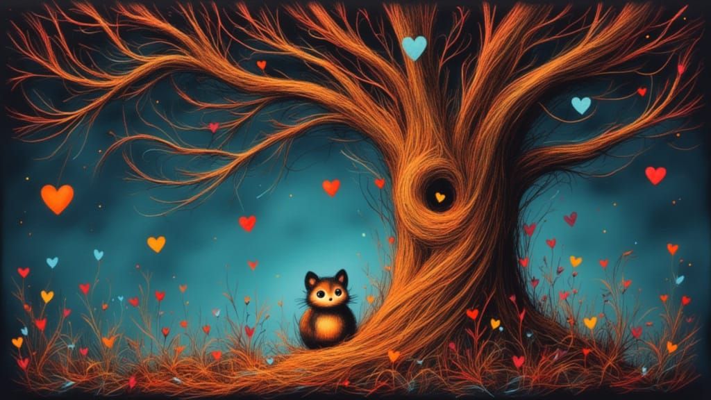 Ancient Gingerbread Tree with Candy Fruit, Whimsical Creatur...