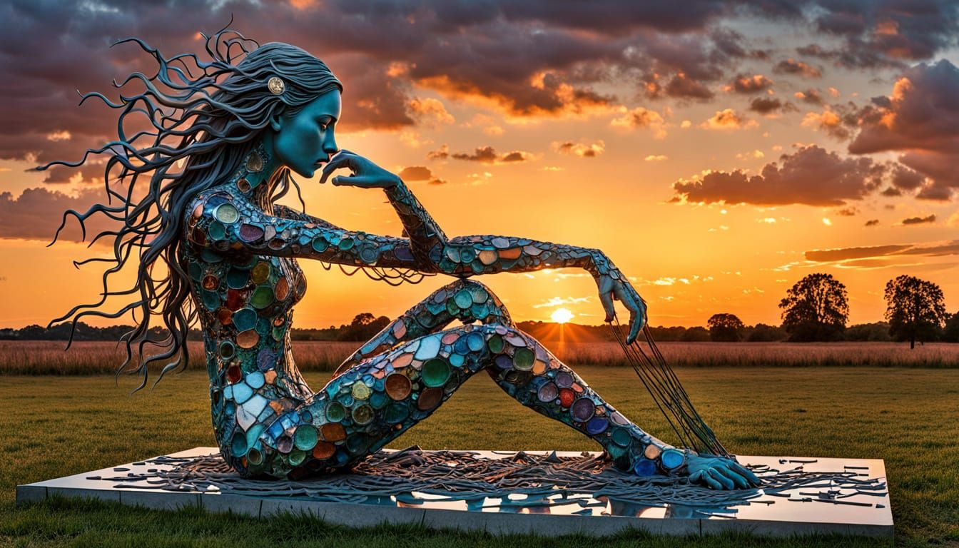 Surreal Fragmented Sculpture of Woman at Sunset