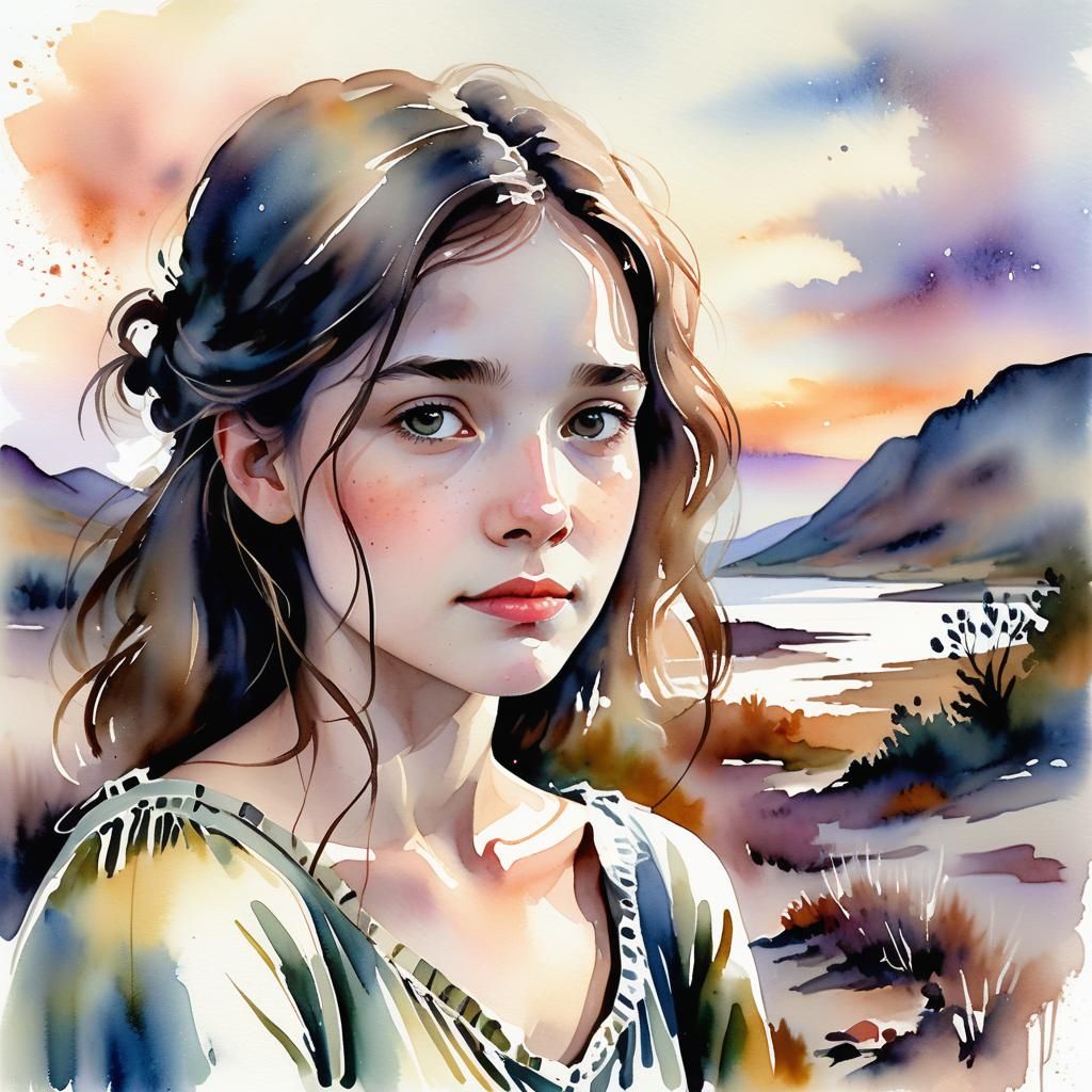 Watercolor Portrait of Woman in Dreamy Landscape