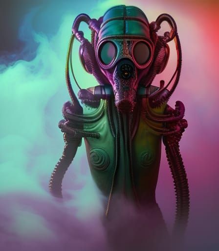 Alien Dog in Gas Mask Vaporwave Art