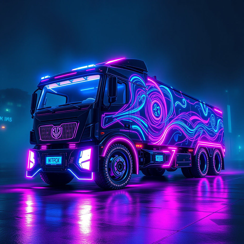 Futuristic Neon Truck in Cyberpunk Cityscape