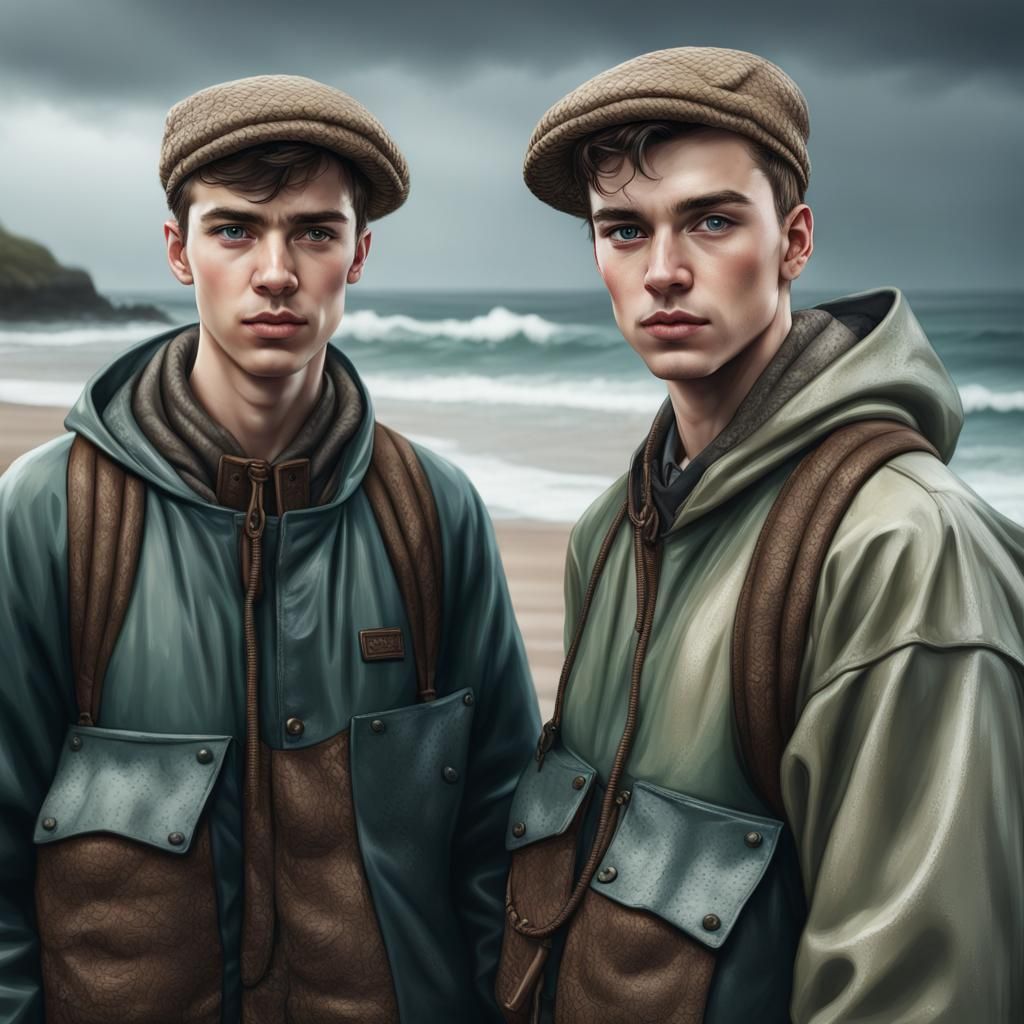Photorealistic Portrait of Irish Fishermen on Rainy Beach