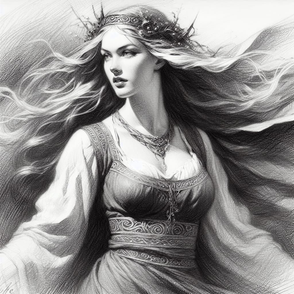 Elegant Norse Goddess in Timeless Graphite Sketch
