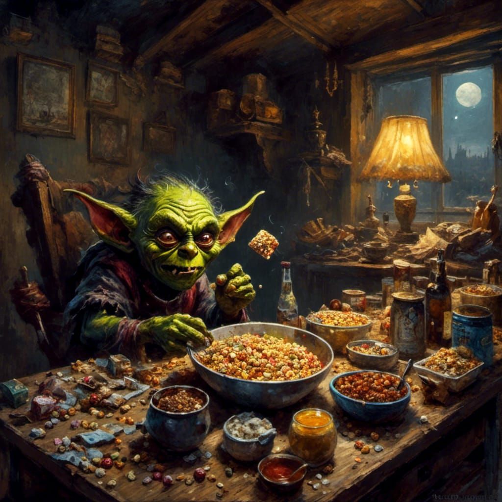 Humorous Goblin Enjoying Cereal in Dimly Lit Room
