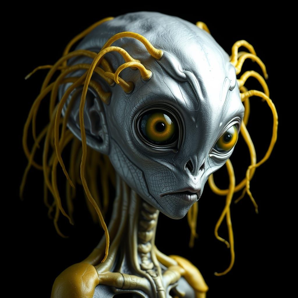Shimmering Metallic Alien with Vibrant Yellow Tentacles