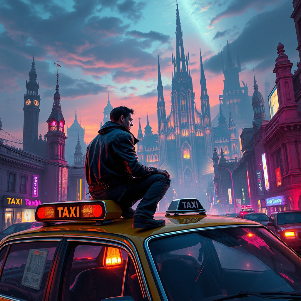 Neon Cityscape Taxi Driver in Retro-Futuristic Style
