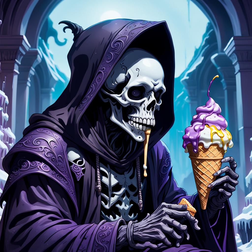Realistic cute baby grim reaper sitting down and eating ice ...