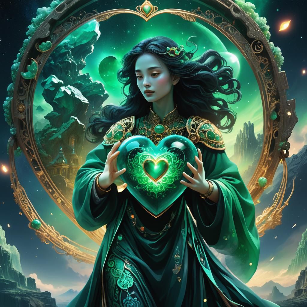Jade Heart: Astral Cosmic Illustration in Mixed Media