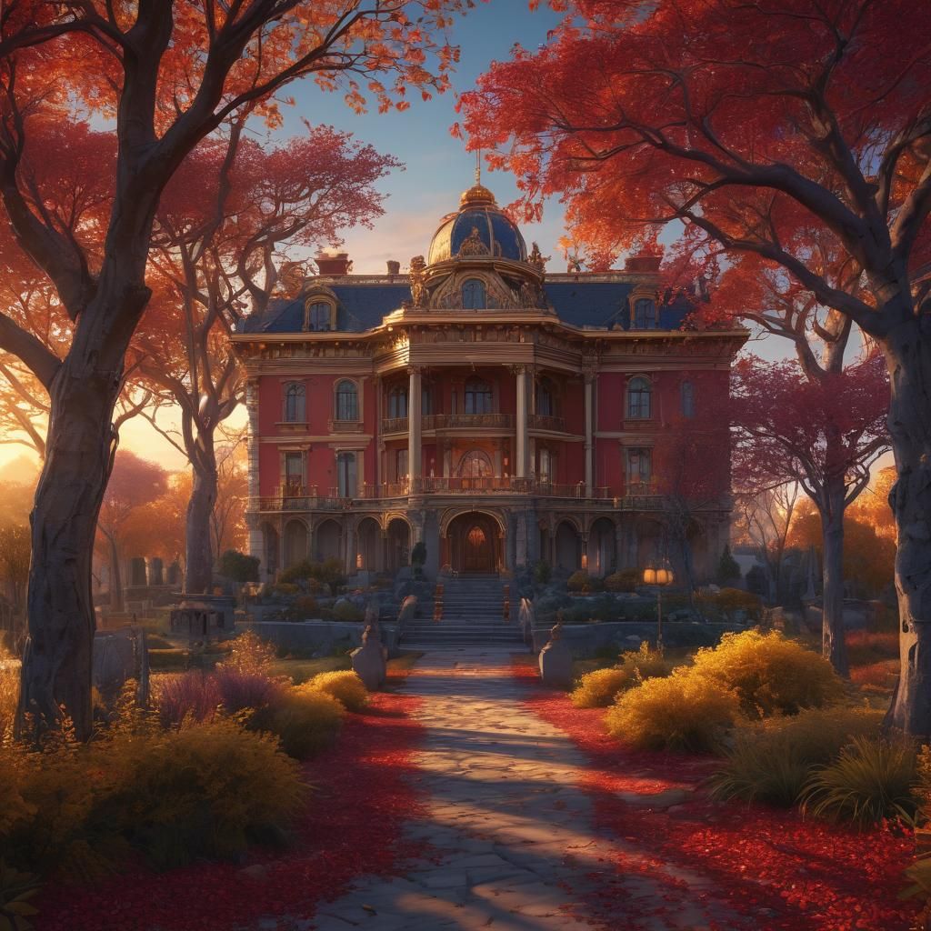 Ruby Mansion Surrounded by Jeweled Golden Trees