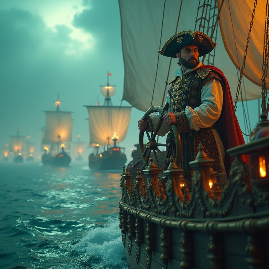 Drake Navigating Mystical Seas in Ornate Sailboat
